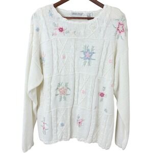 Vintage 90s Sweater Knit Womens Size M White Floral Cottage Granny Embroidered